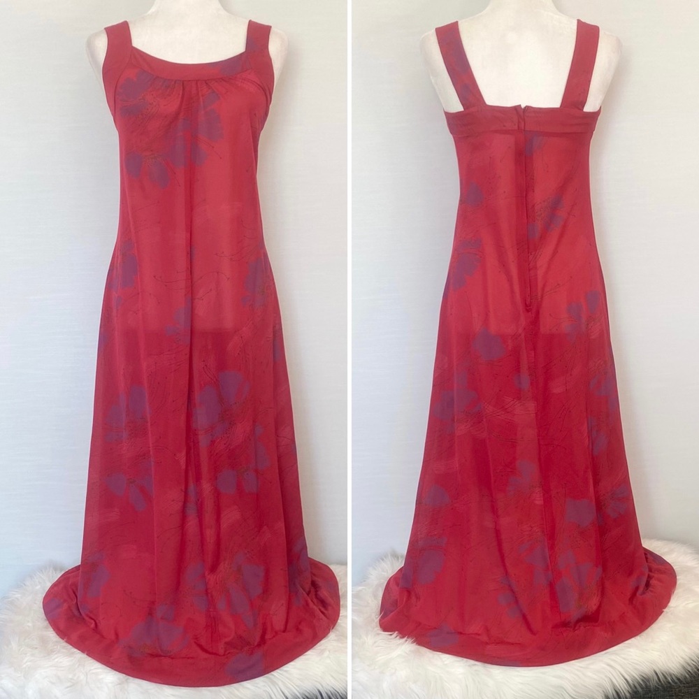Vintage SEARS Hawaiian Red Floral Print Aloha 70s Maxi Gown Long Slip Dress - Picture 10 of 13